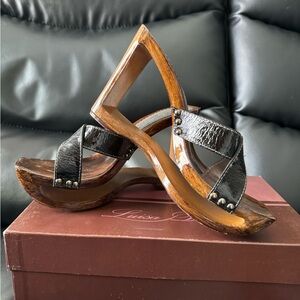 Black & brown Italian wood platform wedge sandals.